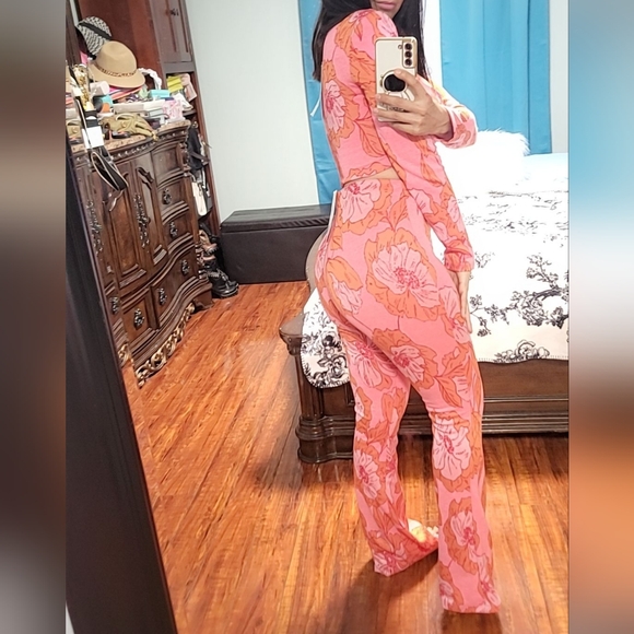 Zara Pink Orange Floral Print Jacquard Crop Top Pants 2 Piece Set small - Picture 14 of 14